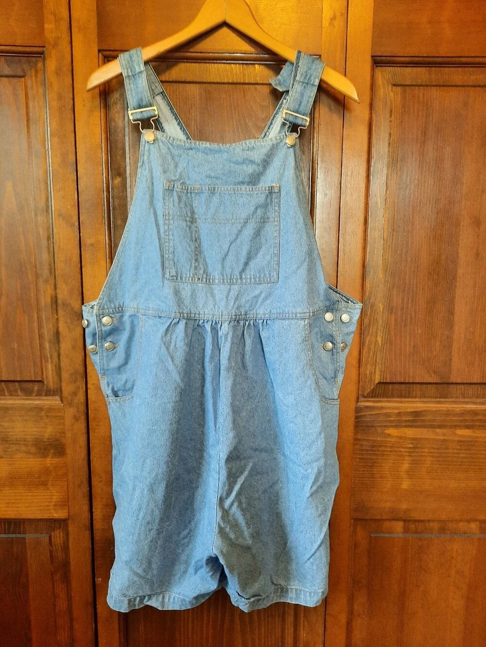 Lindsay Stevens 100% Cotton Maternity Light Wash Denim Short Overalls Size XL